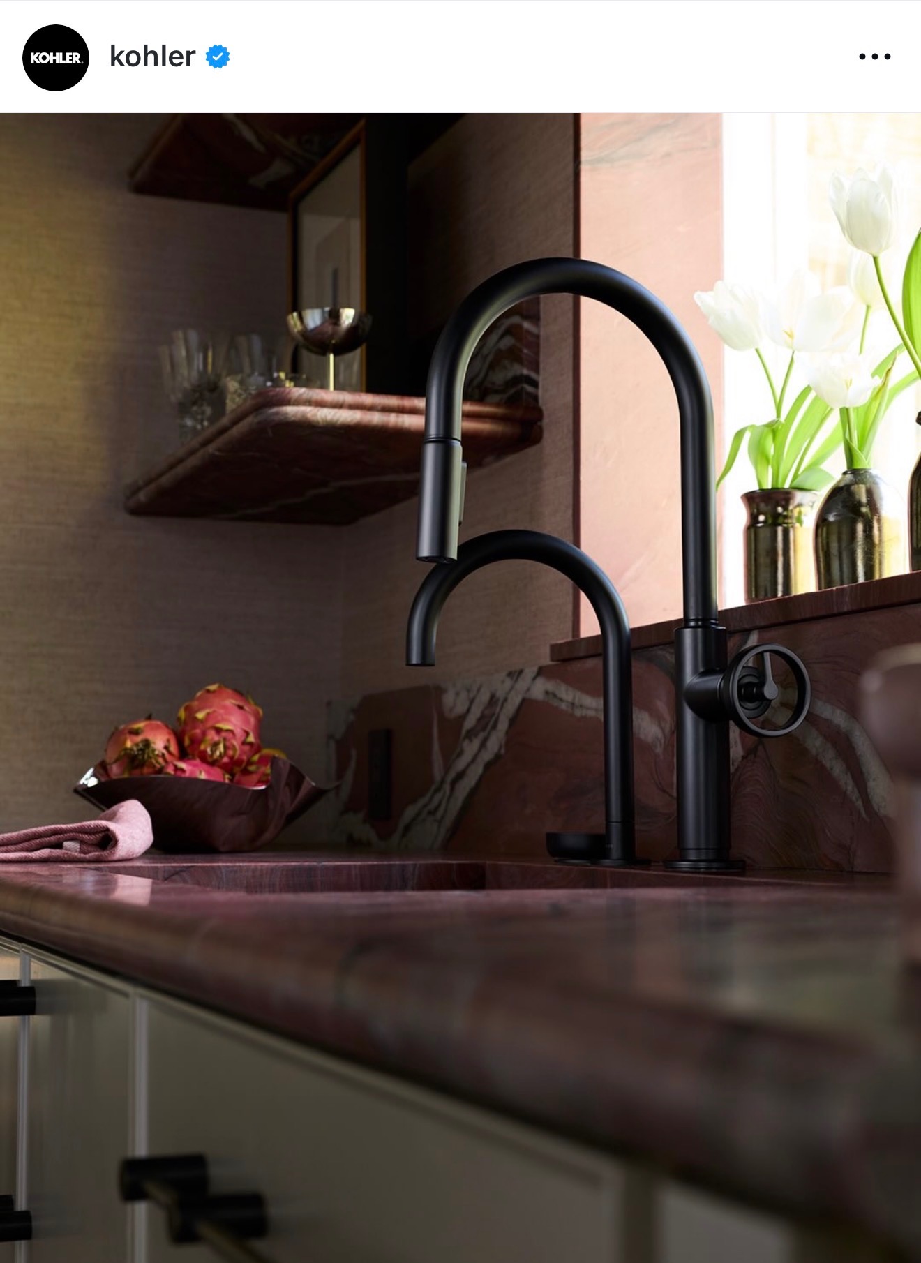 Kohler Instagram — close up of Kips Bay Show House kitchen with Edie Steinberg pottery